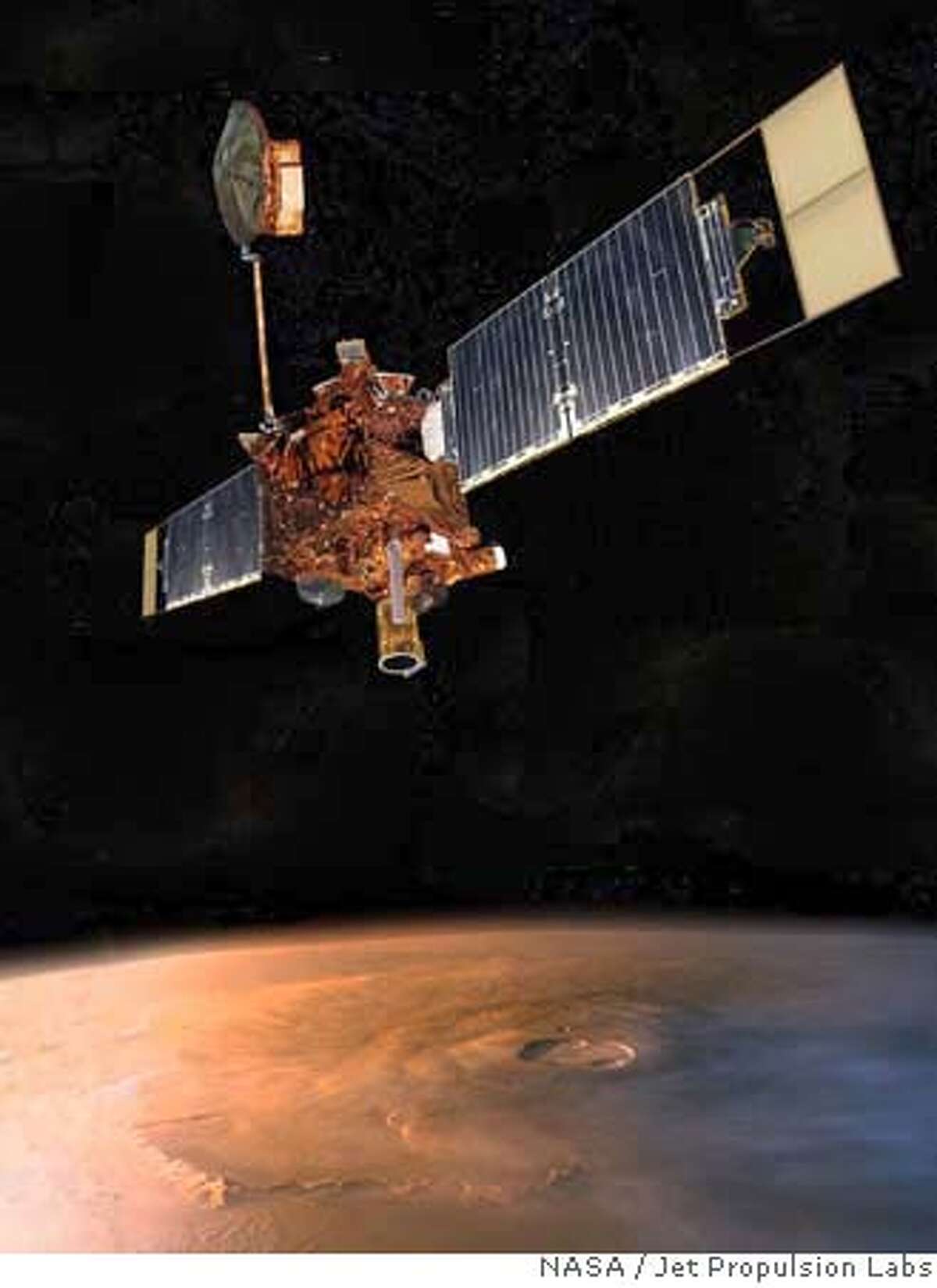 This artist rendering released by NASA's Jet Propulsion Laboratory, shows the Mars Global Surveyor in orbit around Mars. According to a preliminary report released Friday, April 13, 2007, human error triggered a cascade of events that caused the battery to fail on the Mars Global Surveyor last year. An internal NASA board determined that power loss likely doomed the spacecraft after a decade of meticulously mapping the Red Planet. (AP Photo/NASA, Jet Propulsion Labs) ARTIST RENDERING HANDOUT RELEASED BY NASA