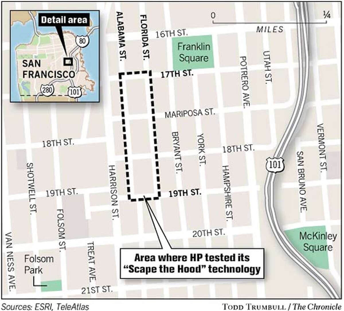 Area Where HP Tested Its "Scrape the Hood" Technology. Chronicle graphic by Todd Trumbull