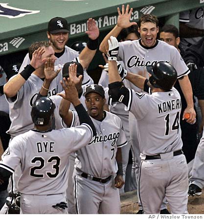 Chicago White Sox reliever Bobby Jenks, right, and catcher A.J. Pierzynski,  left, celebrate after defeating the Boston Red Sox in Game 2 of the  American League Division Series Wednesday, Oct. 5, 2005