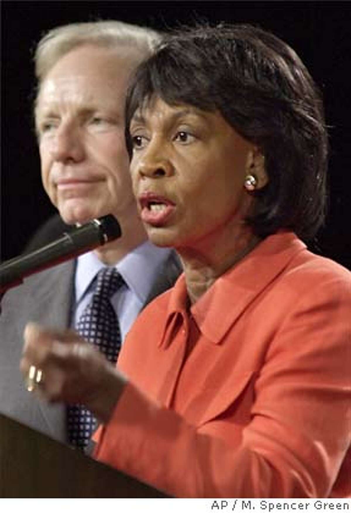 Democratic vice presidential hopeful Sen. Joseph Lieberman stands with Rep. Maxine Waters, D-Calif., as she addresses the Democratic National Committee's African-American Caucus Tuesday, August, 15, 2000, at the Democratic National Convention in Los Angeles. Lieberman spoke to the group and led them in singing happy birthday to the Waters.(AP Photo/M. Spencer Green) Ran on: 07-01-2005 Rep. Richard Pombo Ran on: 07-01-2005 Rep. Richard Pombo Ran on: 07-01-2005 Rep. Richard Pombo CAT