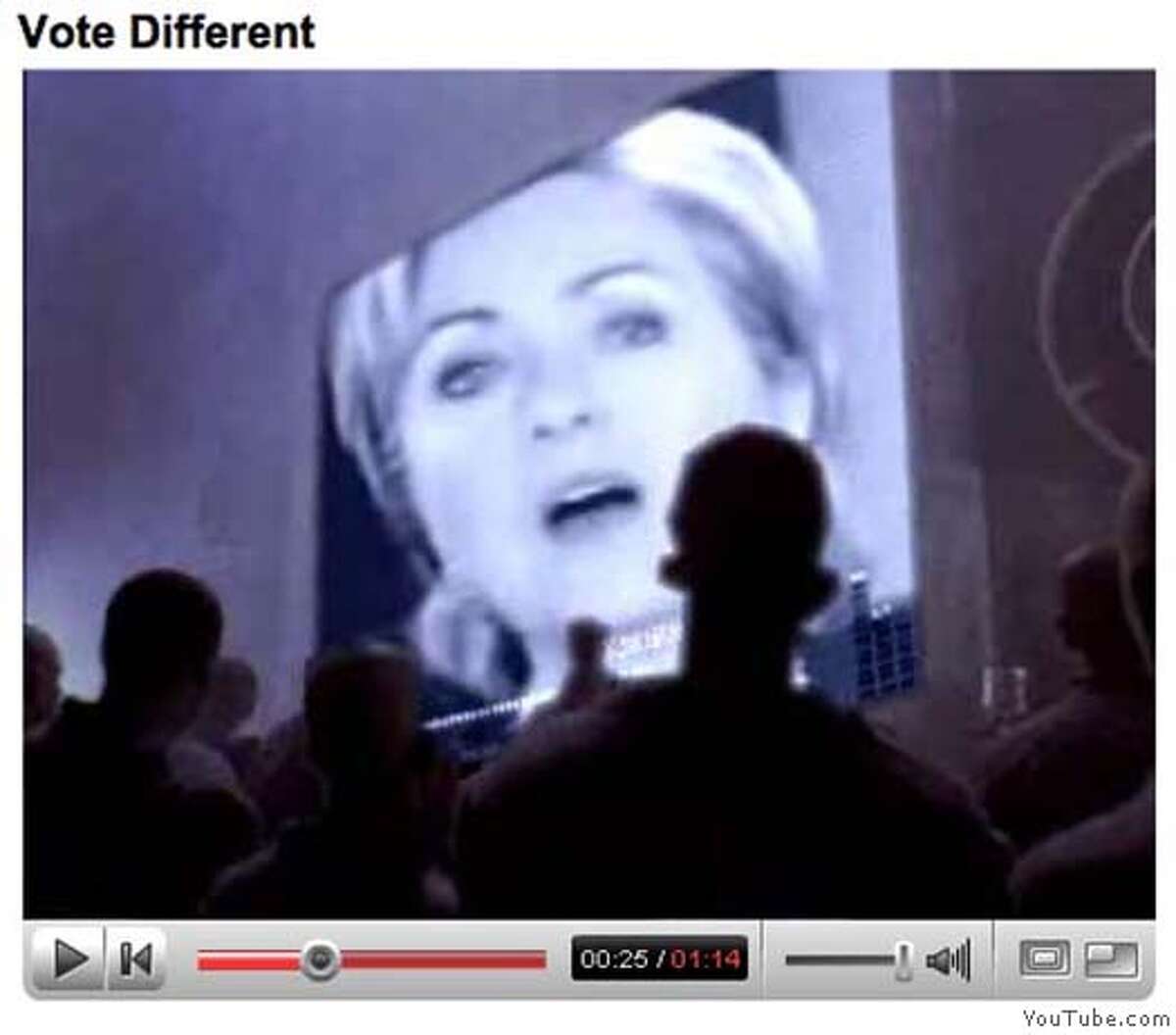 Frame grab from YouTube.com showing the "Hillary 1984" video, which transforms an old Apple TV commercial into an ad touting Barack Obama's presidential campaign. COURTESY YOUTUBE Ran on: 03-20-2007 Images from YouTube.com show the Hillary 1984 video, which transforms an old Apple TV commercial introducing the Macintosh computer during the 1984 Super Bowl into an ad touting Barack Obamas campaign. Ran on: 03-20-2007 Images from YouTube.com show the Hillary 1984 video, which transforms an old Apple TV commercial introducing the Macintosh computer during the 1984 Super Bowl into an ad touting Barack Obamas campaign.