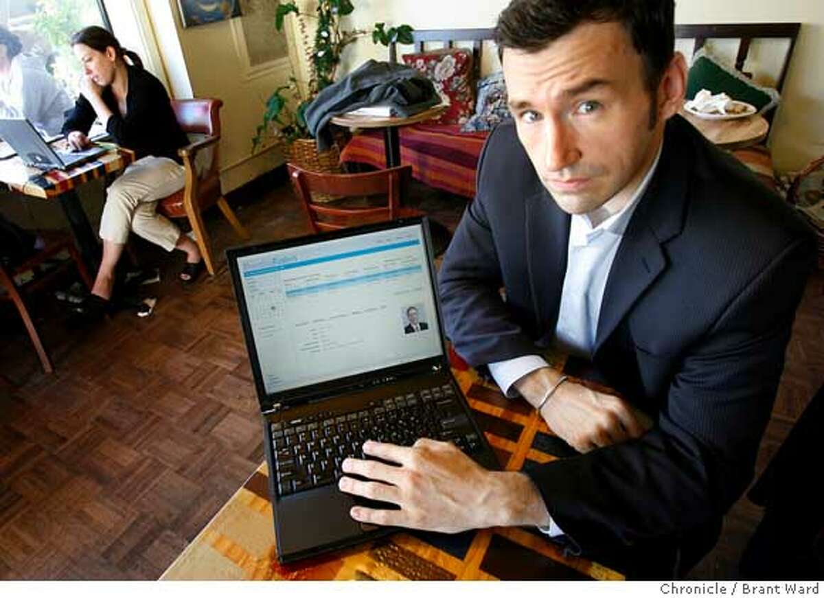 Ryan Howard, CEO of PracticeFusion shows off the website at a local internet cafe in San Francisco. A San Francisco start-up company called PracticeFusion has signed a deal with Google to offer physicians and medical groups a free Web-based medical records system funded by advertising. {Brant Ward/San Francisco Chronicle}3/15/07 Ran on: 03-16-2007 Practice Fusion CEO Ryan Howard shows off his companys Web site at an Internet cafe.