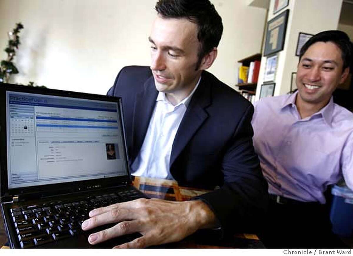 healthtech153.JPG Ryan Howard, CEO if PracticeFusion, left and COO Alan Fong, show off the merits of their new medical records system. A San Francisco start-up company called PracticeFusion has signed a deal with Google to offer physicians and medical groups a free Web-based medical records system funded by advertising. {Brant Ward/San Francisco Chronicle}3/15/07
