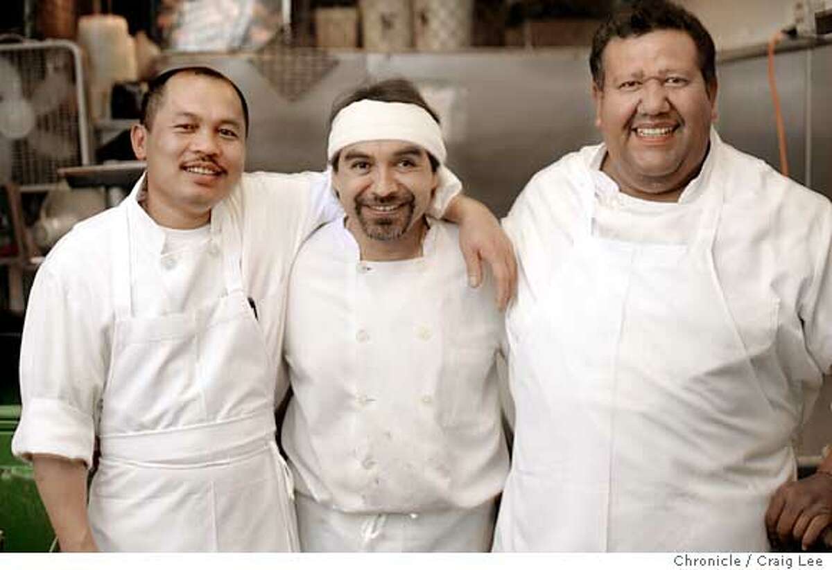 Photo of left-right: Quang Nguyen, Carlos Garcia and Mario Gonzalez. The Zuni cafe kitchen prep team of Quang Nguyen, Mario Gonzalez and Carlos Garcia. Chef-owner, Judy Rodgers calls them her "secret weapon" in her restaurant arsenal. These three have been working together more than a decade to help produce food at Zuni Cafe. Event on 8/16/05 in San Francisco. Craig Lee / The Chronicle
