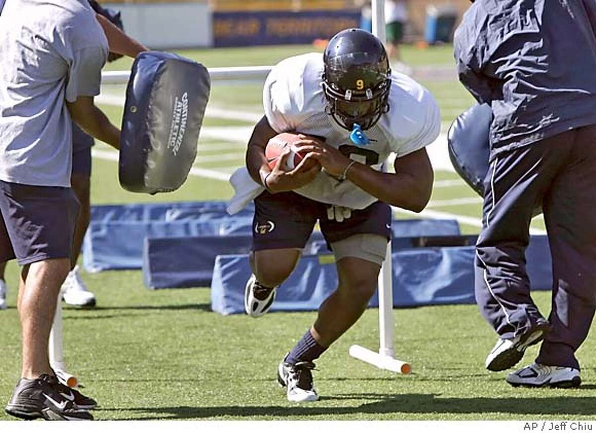 California running back Marshawn Lynch, center, practices in Berkeley, Calif., Thursday, Aug. 11, 2005. Lynch, the Oakland native whose talents were tantalizing in limited action last season, will be the focus of Cal's offense. Lynch rushed for 628 yards and eight touchdowns as a freshman last season on just 71 carries as Arrington's backup, and he'll be behind an offensive line with four returning starters. (AP Photo/Jeff Chiu)