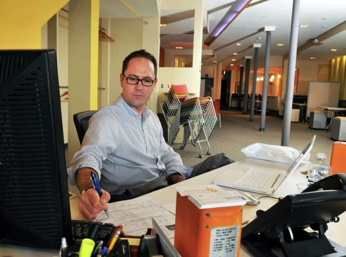 Samuel Critton at Beahive, Albany's first coworking space Tuesday March 20, 2012. (John Carl D'Annibale / Times Union)