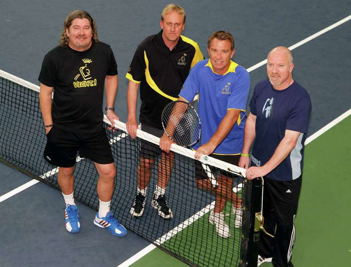 Tennis coach Peter Lundgren left, Galleria Tennis and Athletic Club General Manager Ville Jansson, Johan Kjellsten and GTAC Tennis Director and Club Manager Niclas Kroon pose for a portrait at the Galleria Tennis and Athletic Club Wednesday, March 21, 2012, in Houston. ( James Nielsen / Chronicle )