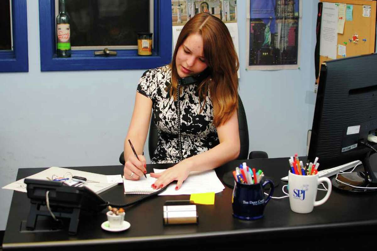 Melanie Deziel, Editor-in-Chief of The Daily Campus, works in the newspaper office on the University of Connecticut campus, in Storrs, Conn. March 21st, 2012.