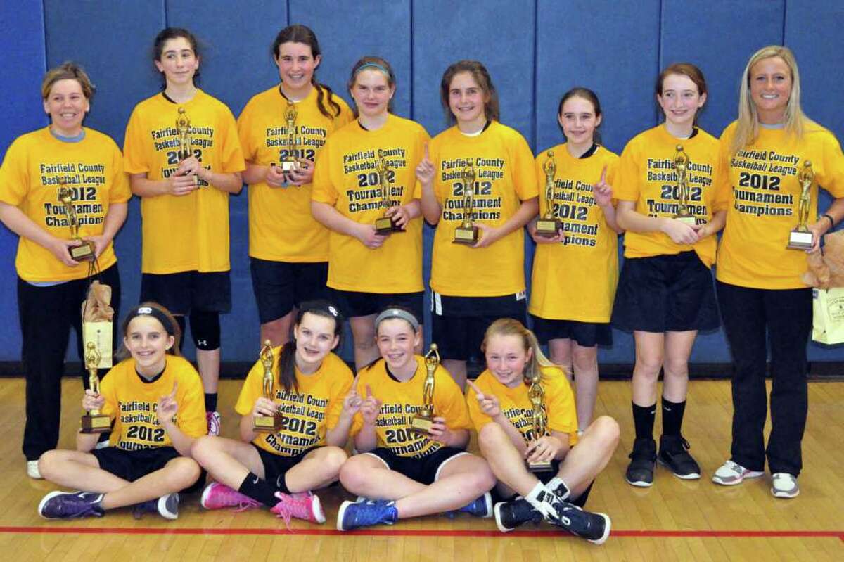The Westport PAL seventh grade girls basketball team won the Fairfield County Basketball League title with a 34-31 victory over Fairfield Mercury March 10. Team members, front row, from left, are, Amelia Hunt, Rachel Seideman, Charlotte Rossi and Olivia Troy; back, coach Erin Shaw, Virginia Gerig, Grace McGinley, Julia Brower, Morgan McWhirter, Ashley Constantino, Claire Meehan and coach Ashley Delvecchio.