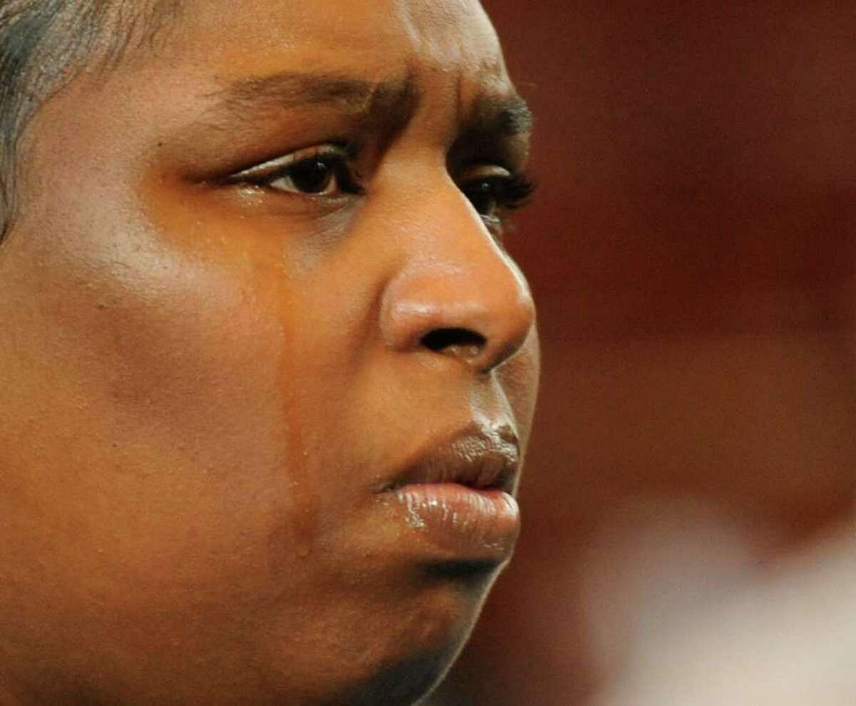 A tear flows down the cheek of Wilhelmina Hicks, mother of the dead child, after reading the victim impact statement in Rensselaer County November 12, 2009 in Troy, New York before Adrian Thomas was sentenced to 25 years to life for his conviction on the murder of his four month old child. (Skip Dickstein / Times Union archive)