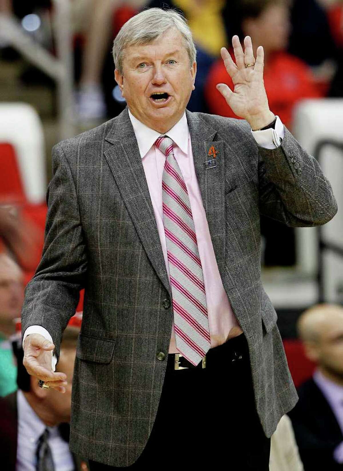 Texas A&M coach Gary Blair directs his team during the first half of an NCAA college women's tournament regional semifinal basketball game against Maryland in Raleigh, N.C., Sunday, March 25, 2012. Maryland won 81-74. (AP Photo/Gerry Broome)