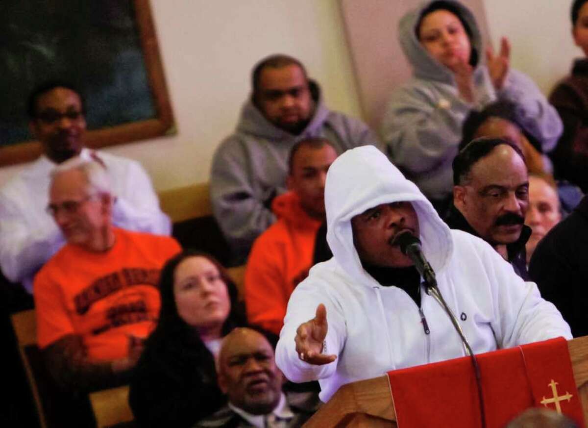 Kenneth J. Ransfer, Sr. speaks during a rally against the shooting death of Florida teenager Trayvon Martin. Ransfere Sr. wears a hoodie in solidarity with the slain teenager who had been wearing a hoodie at the time he was shot by a suspicous neighbor.