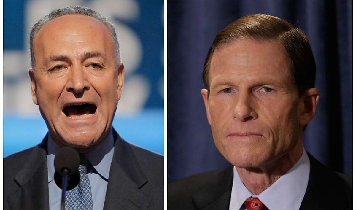 Troubled by reports of the practice of employers asking for Facebook passwords during job interviews, Democratic Sens. Chuck Schumer of New York, left, and Richard Blumenthal of Connecticut said they are calling on the Department of Justice and the U.S. Equal Employment Opportunity Commission to launch investigations. The senators are sending letters to the heads of the agencies their offices announced Sunday March 25, 2012. (AP Photo)