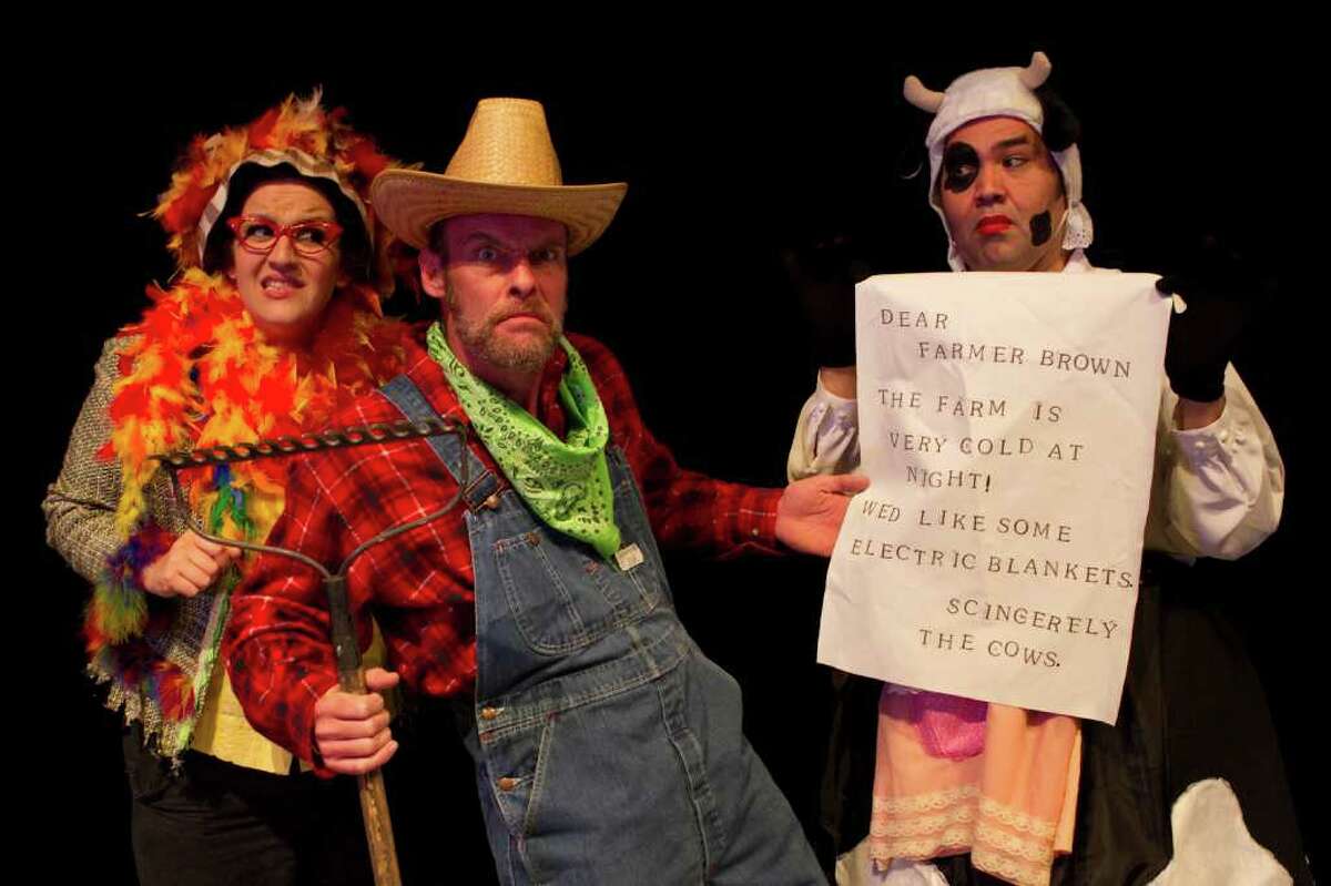 Ariel Rosen (from left), Dylan Collins and Richard Solis star in Magik Theatre's "Click, Clack, Moo: Cows That Type." Courtesy Rasmi Hunt/Artgives.org