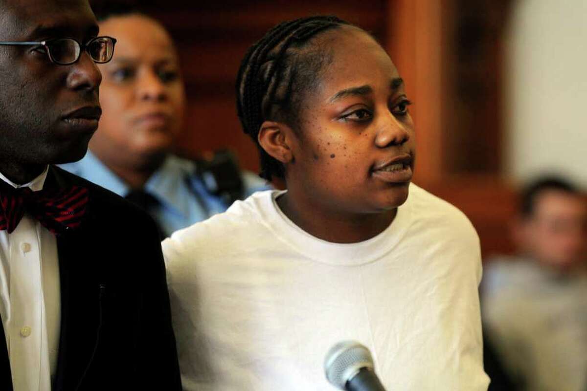 Tanya McDowell makes a statement during her sentencing in Superior Court, in Bridgeport, Conn. March 27th, 2012. McDowell was sentenced to five years in prison and another five years of probation after pleading guilty to drug and larceny charges. McDowell received national sympathy last year after Norwalk police arrested her for sending her son to a Norwalk school while they alleged that she was really living in Bridgeport. While out on bond for that arrest, she was picked up for selling drugs to undercover officers. McDowell is seen here with her attorney, Darnell Crosland.