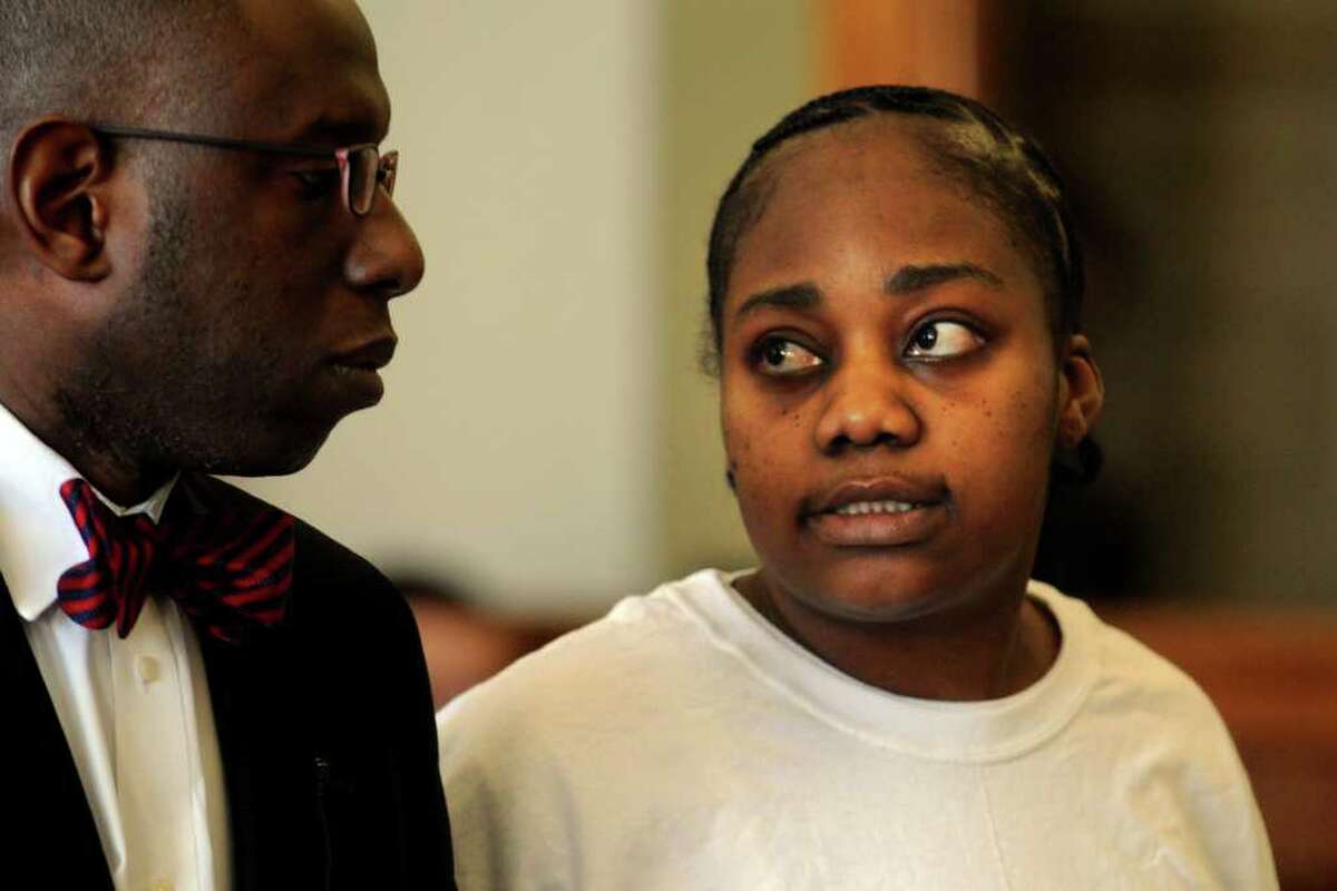 Tanya McDowell makes a statement during her sentencing in Superior Court, in Bridgeport, Conn. March 27th, 2012. McDowell was sentenced to five years in prison and another five years of probation after pleading guilty to drug and larceny charges. McDowell received national sympathy last year after Norwalk police arrested her for sending her son to a Norwalk school while they alleged that she was really living in Bridgeport. While out on bond for that arrest, she was picked up for selling drugs to undercover officers. McDowell is seen here with her attorney, Darnell Crosland.