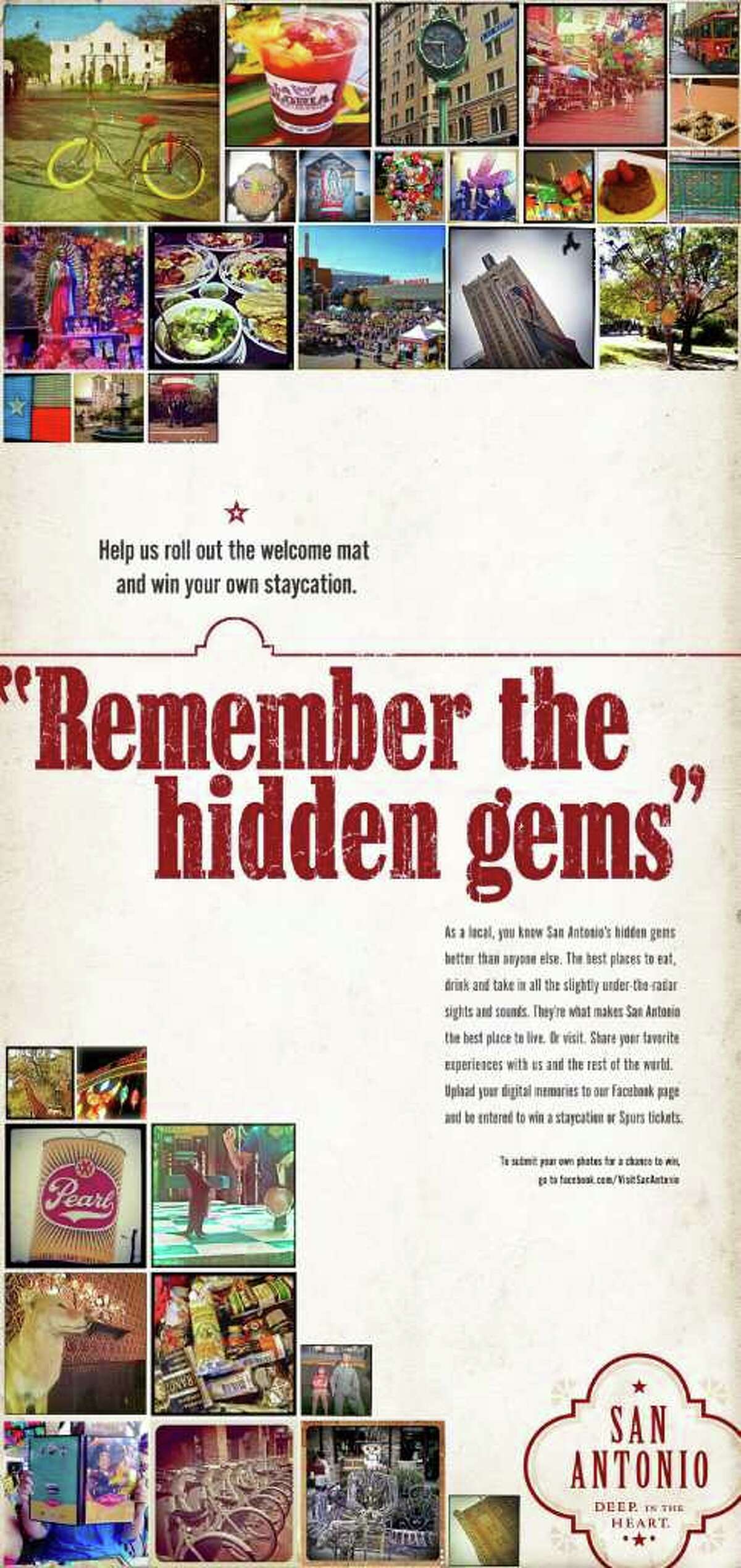 "Remember the Hidden Gems" ad campaign by the San Antonio Convention & Visitors Bureau. A mock-up of a newspaper ad soliciting residents to contribute to the new ad campaign. The ad could start running Sunday.