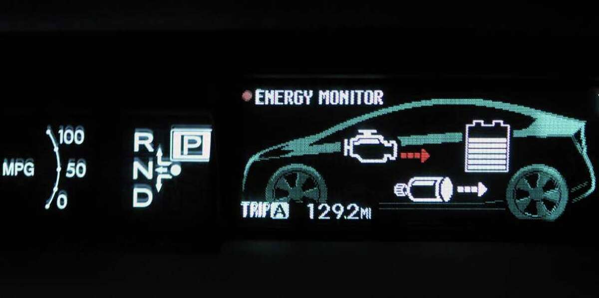 This display shows whether the gasoline or electric engine is powering the car, and whether the battery is being charged or discharged. (John Carl D'Annibale / Times Union)