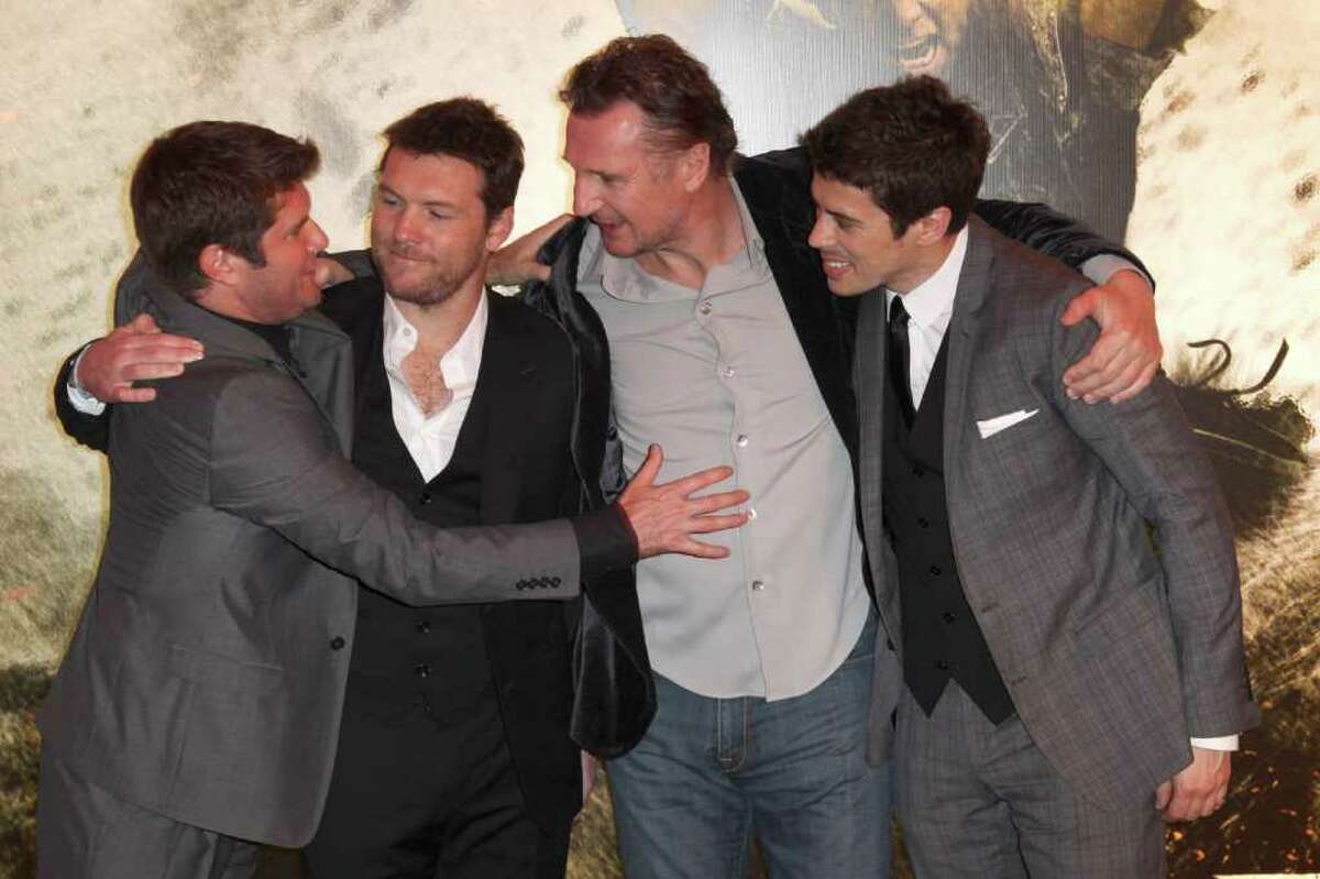 Jonathan Liebesman, Sam Worthington, Liam Neeson and Toby Kebbell attend the European premiere of Wrath Of The Titans at The BFI IMAX on March 29, 2012 in London, England.