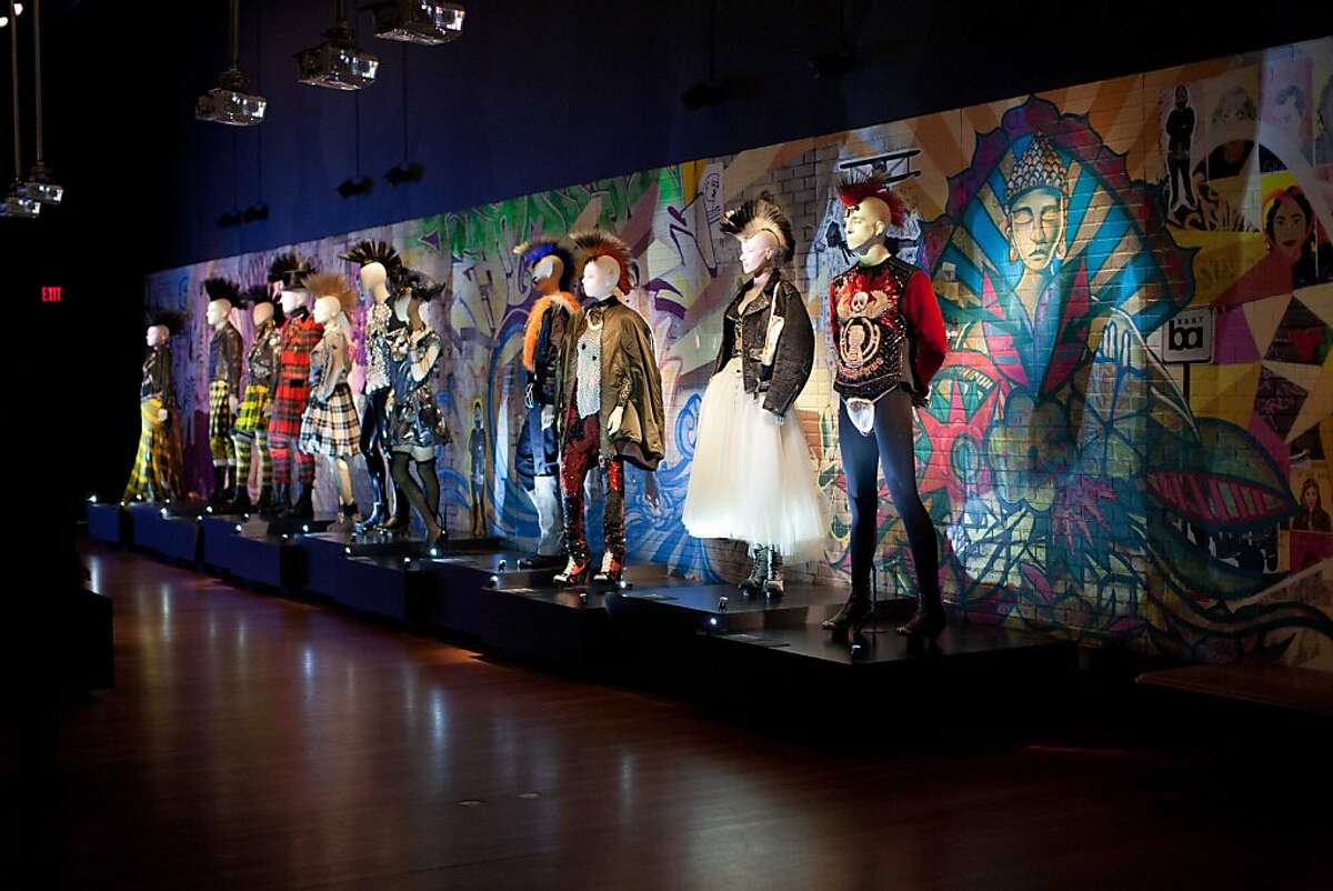 The M. H. de Young's new exhibition, "The Fashion World of Jean Paul Gaultier: From the Sidewalk to the Catwalk, " opened March 23, 2012 with a series of events and parties honoring the designer, who was in town to celebrate. Here, mannequins wear his designs.