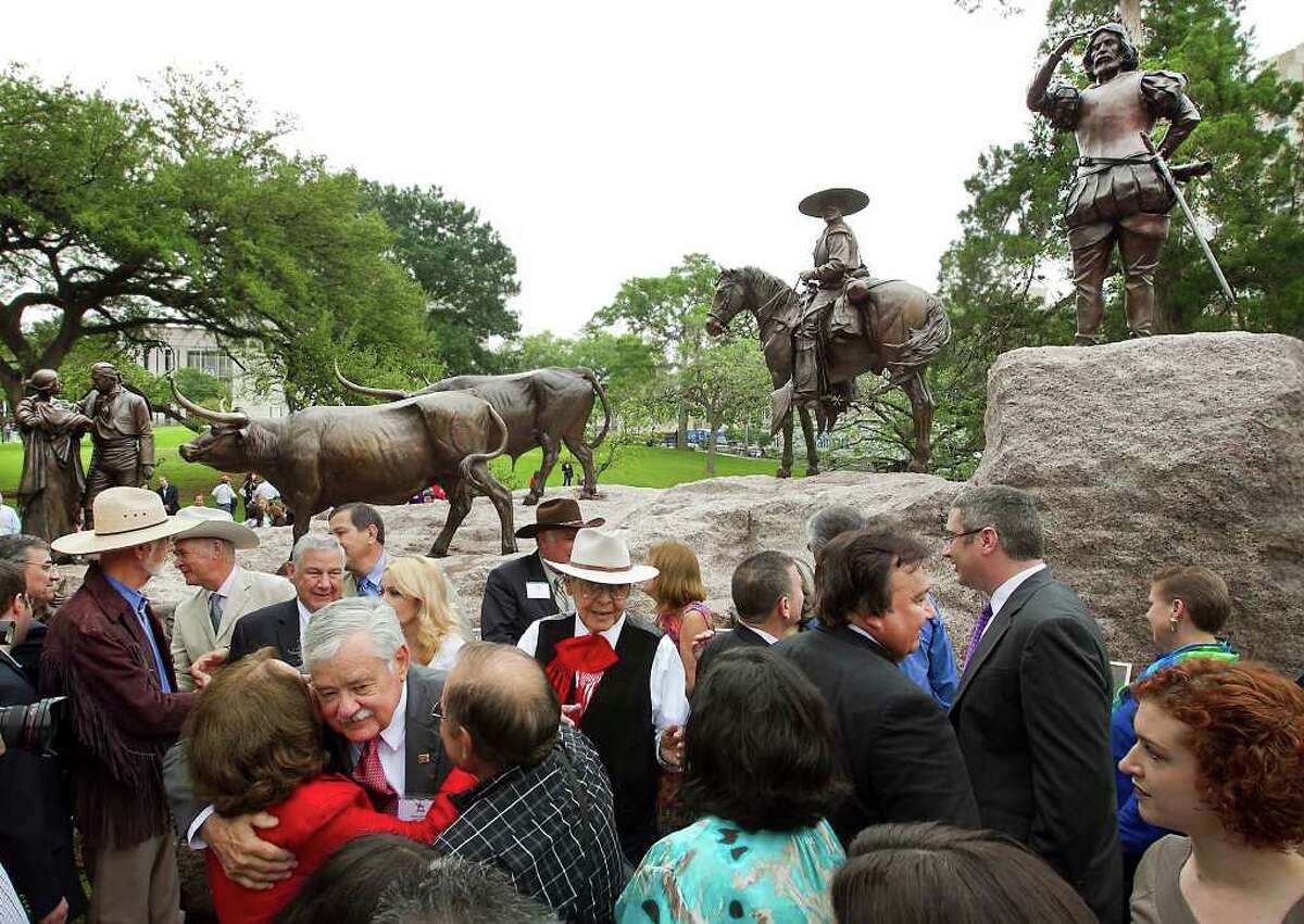 The ceremonial unveiling of the Tejano Monument was held on the south lawn of the Texas State Capitol with many dignitaries and special guests who were instrumental in the creation and funding of the legacy sculpture.