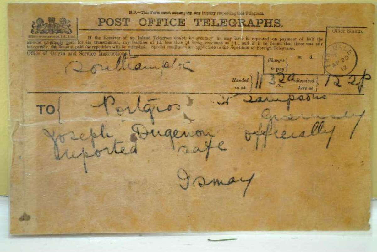 The telegram Joseph Duquemin's family received telling them that his father, a 19-year-old stone mason, had survived the sinking of the Titanic.