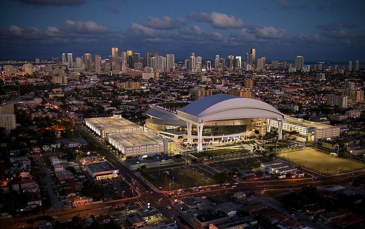 The new Marlins Stadium at sunset on Wednesday, March 14, 2012.