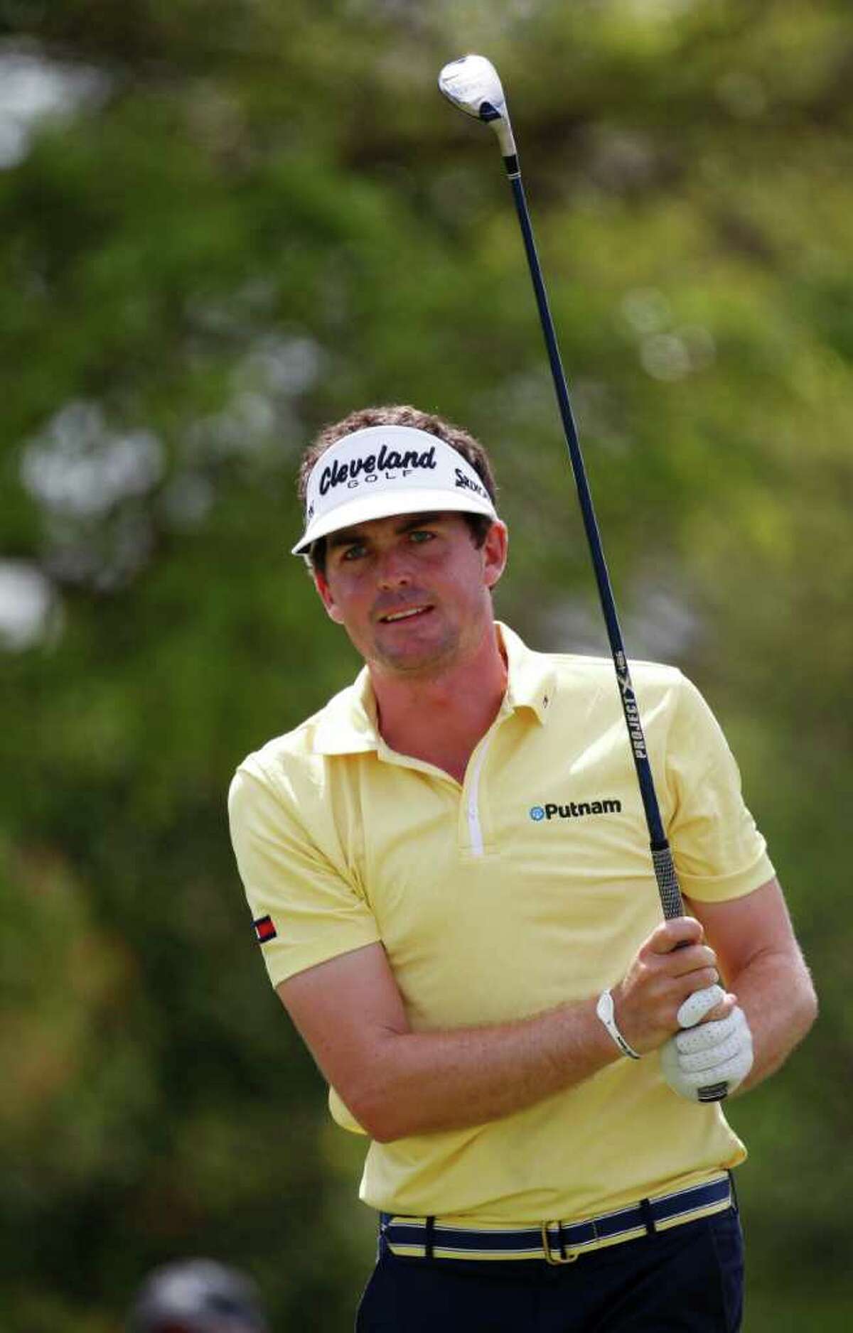 Keegan Bradley watches his shot from the fifth tee during the second round of the Cadillac Championship golf tournament, Friday, March 9, 2012, in Doral, Fla. (AP Photo/Wilfredo Lee)