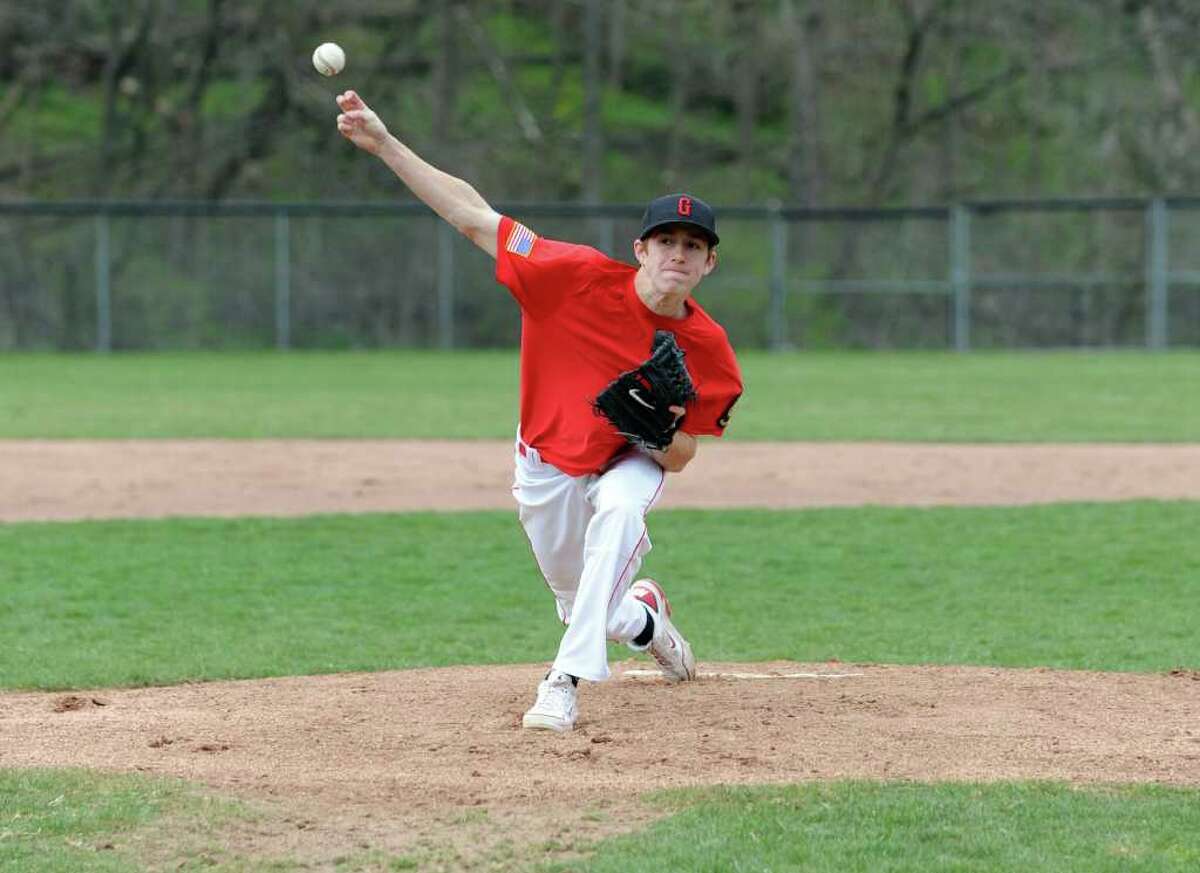 Greenwich's David Berdoff pitches during Thursday's scrimmage against Westhill at Greenwich High School on March 29, 2012.