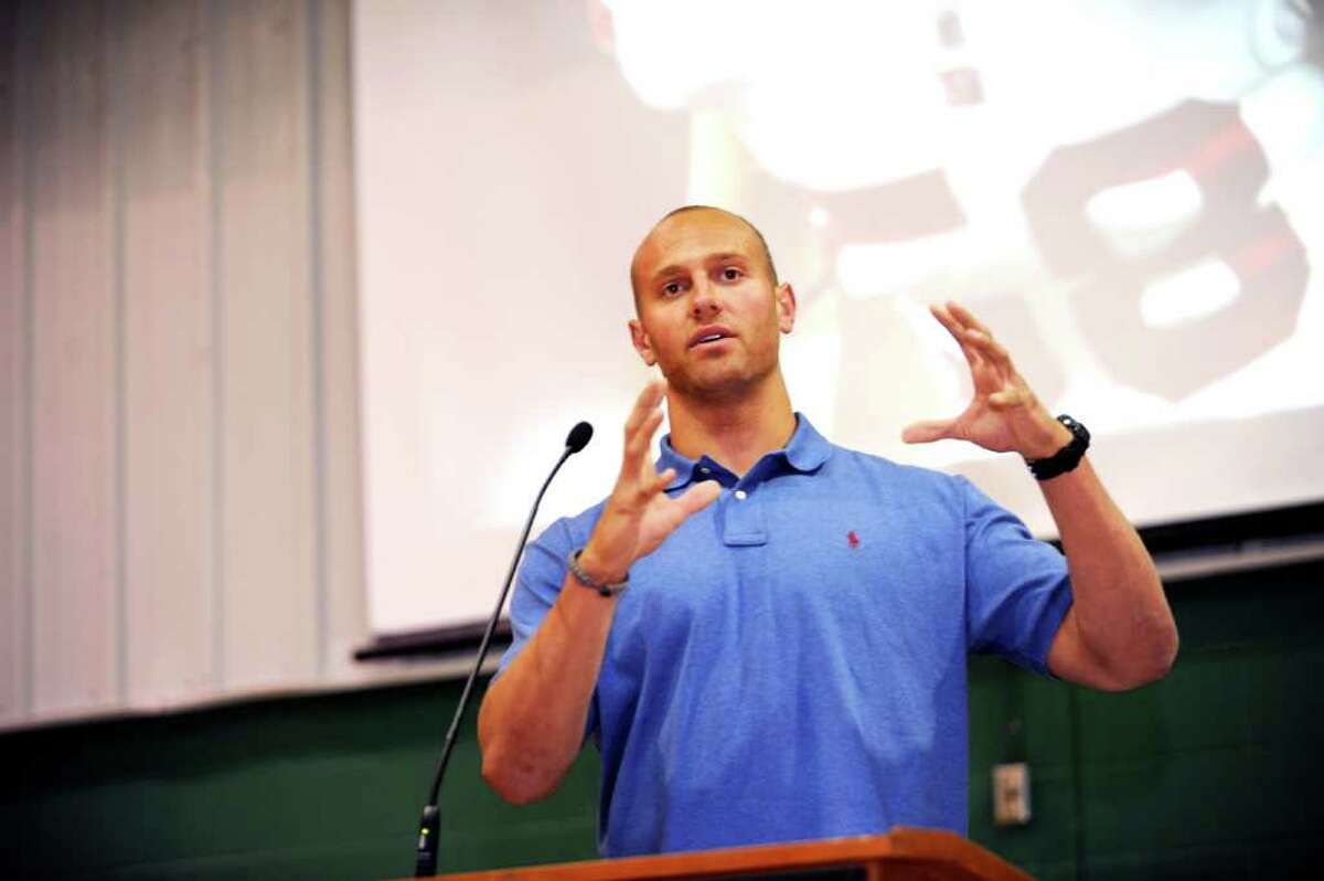 New York Giants linebacker Mark Herzlich Jr. spoke about his fight with cancer and how he became well again at a special school wide program at Convent of the Sacred Heart Monday, April 1, 2012.