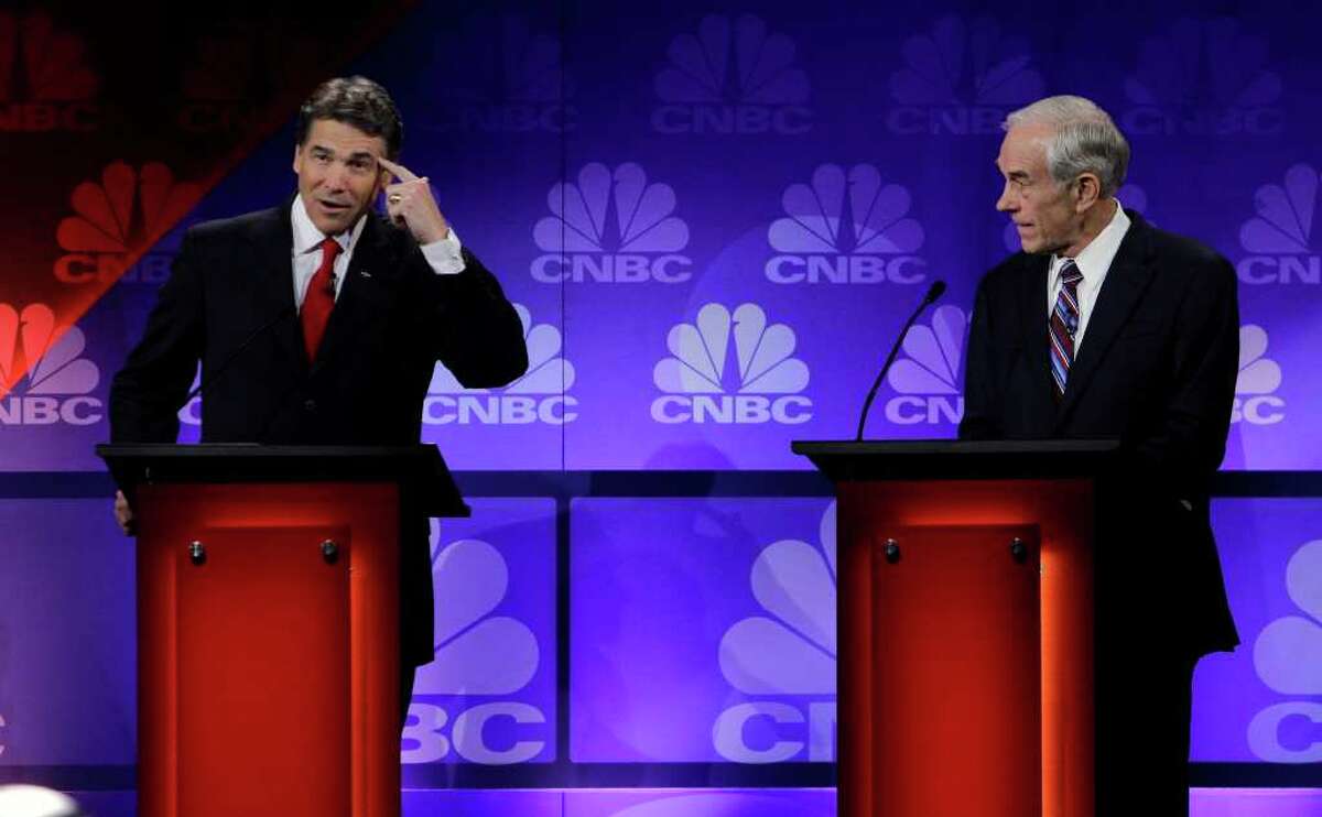 Gov. Rick Perry has an "oops" moment at the GOP debate in Auburn Hills, Mich. in November as he tries to name the three federal agencies that he wanted to close if he were elected president.