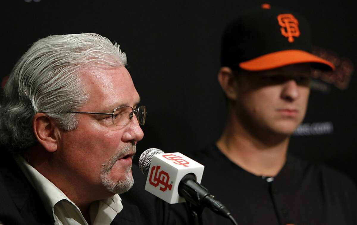 Giant's general manager Brian Sabean discusses Matt Cain's signing of five-year extension through the 2017 season with a club/vesting player option for 2018 in San Francisco, Calif., Monday, April 2, 2012.