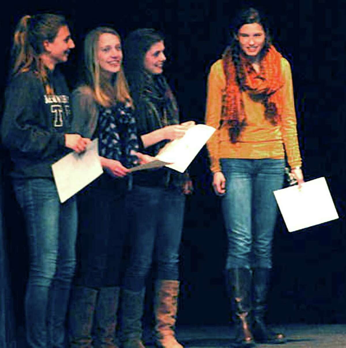 SPECTRUM/Honored during the winter sports awards ceremony at New Milford High School for their superlative efforts at post-season meets was Green Wave girls' track's 4 x 400-yard relay of, from left to right, Sierra DeGrazia, Helen Bayers, Meghan Dietter and Lindsay Guptill. March 26, 2012. Courtesy of Lisa Fucso