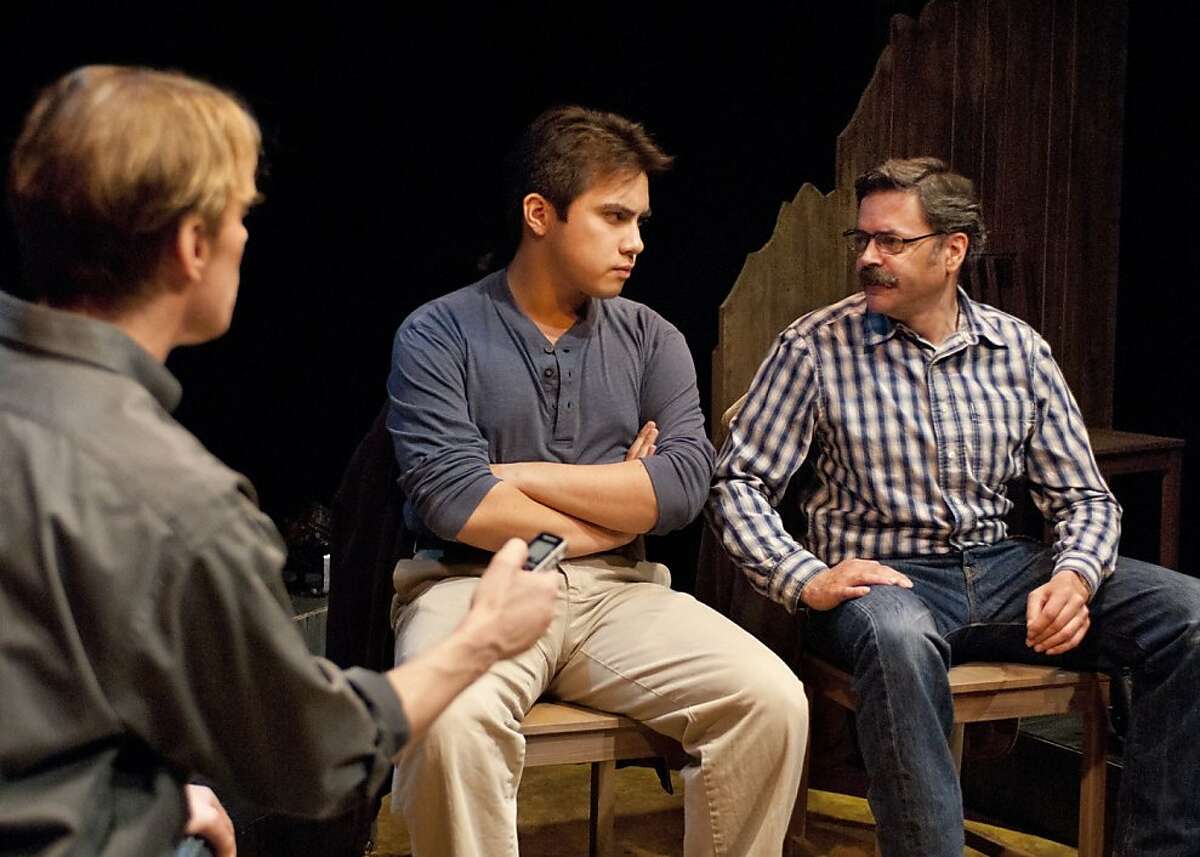 Andy Paris (Alex Hero, left) interviews two sheriffs (Sal Mattos and Timothy Beagley) who investigated the murder of Matthew Shepard in New Conservatory Theatre Center's production of "The Laramie Project: Ten Years Later"