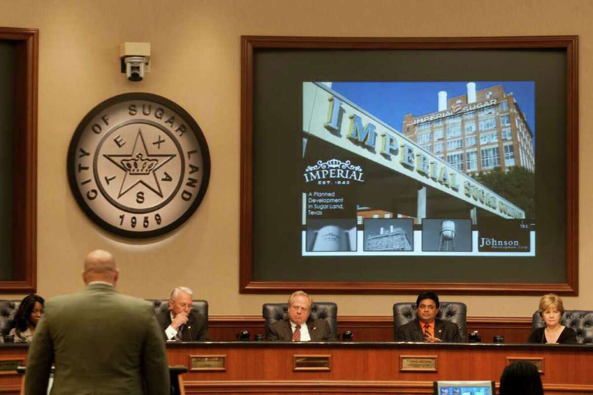 The Sugarland City Council held a public hearing of the city's Planning and Zoning commission's modified version of the developer's proposal on the old Imperial Sugar factory property.