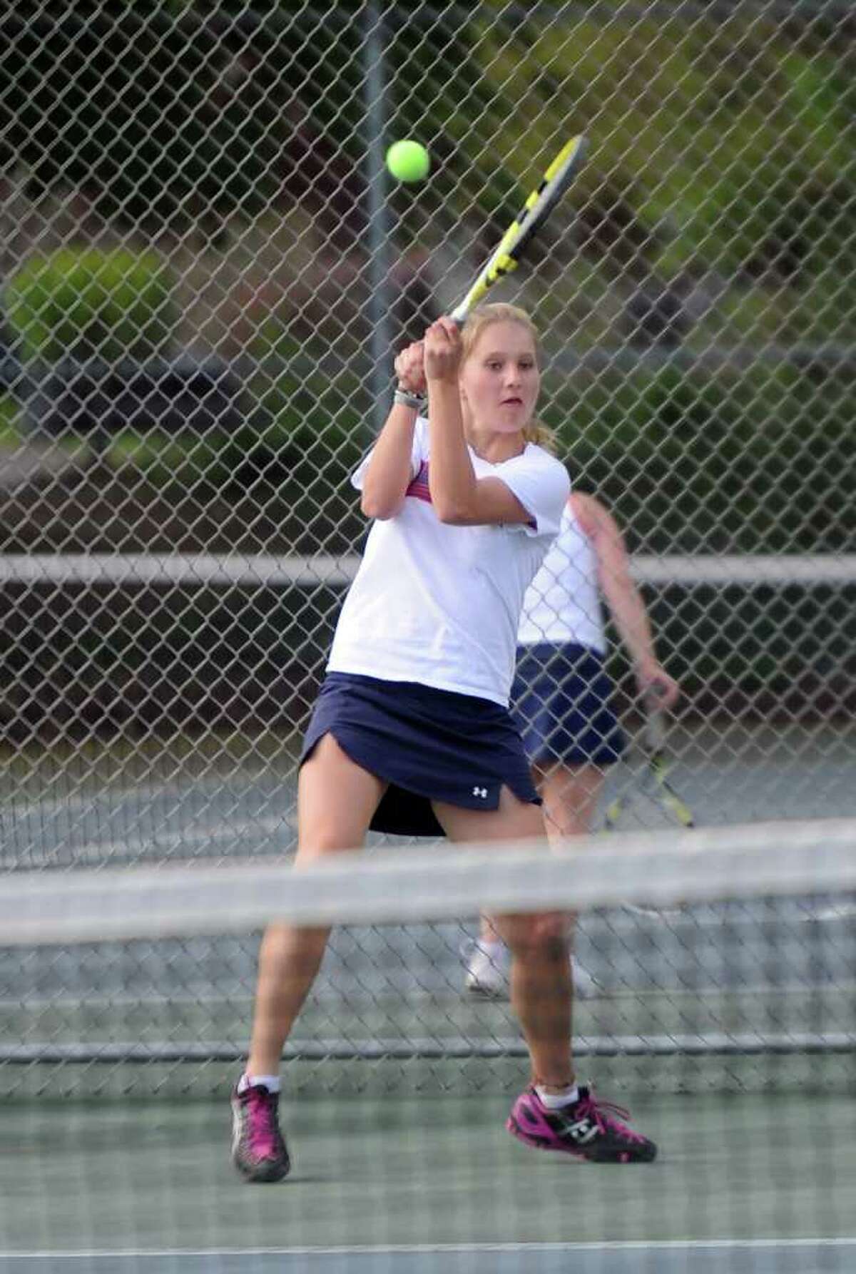 Gillian Minnerly plays during Tuesday's match against Ridgefield at Brien McMahon High School on May 10, 2011.