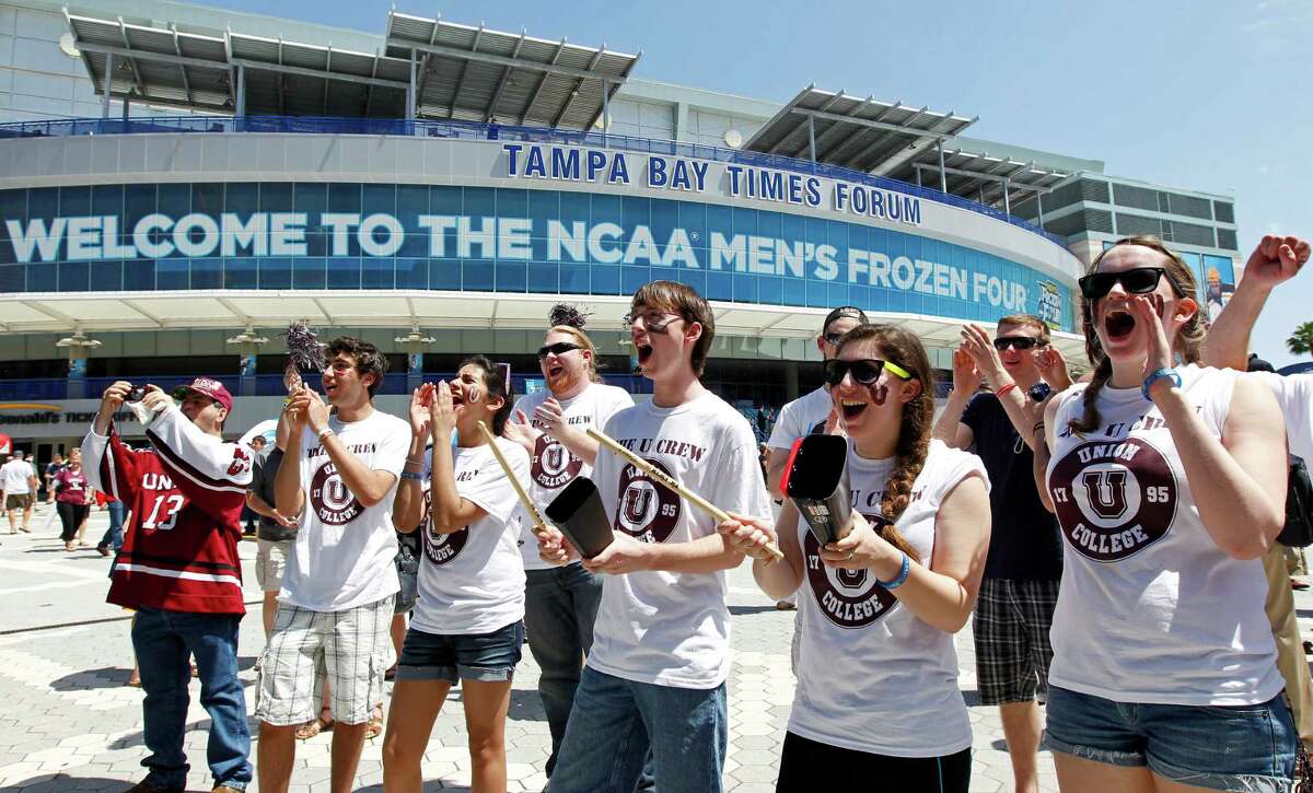 Students from Union College cheer during a pep rally for their school outside the Tampa Bay Times Forum prior to their school's NCAA Frozen Four college hockey tournament semifinal game against Ferris State, Thursday, April 5, 2012, in Tampa, Fla. (AP Photo/Mike Carlson)