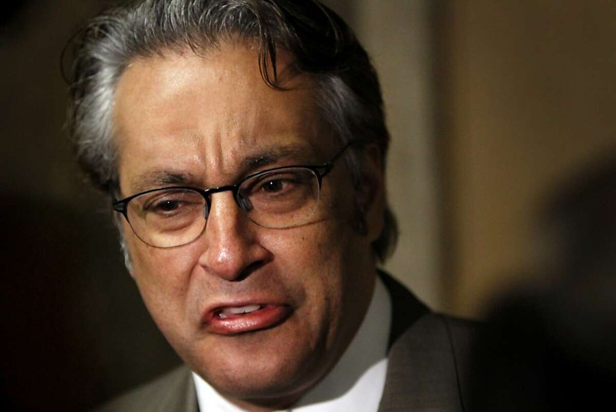 Ross Mirkarimi gets emotional while speaking about his wife to reporters after appearing in court for a progress update on his domestic violence batterers intervention program in San Francisco, Calif., Friday, April 6, 2012.