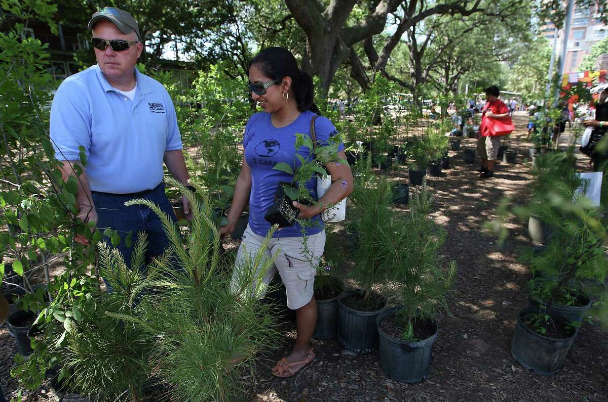 Cecia Osorio picks out a free tree with the help of Patrick Kidd from the Houston Parks and Recreation booth during the Waste Management Earth Day Houston Festival at Discovery Green, Saturday, April 7, 2012, in Houston. The Houston Parks and Recreation gave away 300 trees donated by Apache Corp, and hundreds of free drought resistant plants.