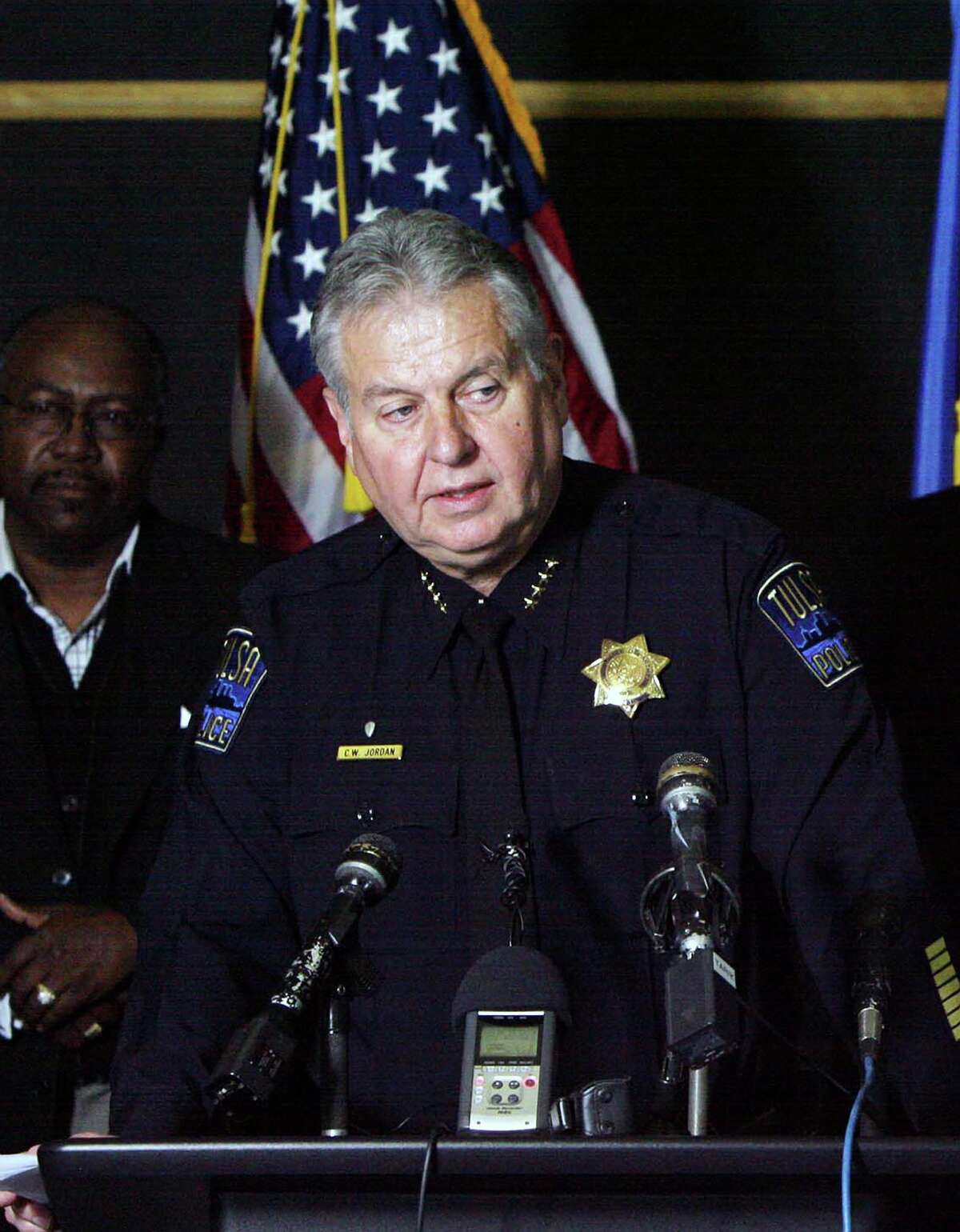 Tulsa Chief of Police Chuck Jordan speaks during a news conference at the Tulsa Police Department, Saturday, April 7, 2012 in downtown Tulsa, Okla. Police believe the same attacker or attackers are behind a series of early-morning shootings in which three people were killed and two others were critically wounded within a three-mile span of north Tulsa. (AP Photo/Tulsa World, James Gibbard) ONLINE OUT; TV OUT; TULSA OUT