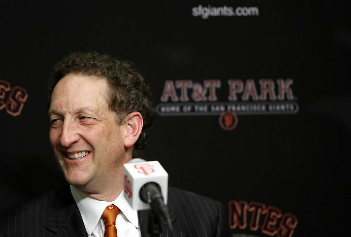 Giant's CEO Larry Baer discusses Matt Cain's signing of five-year extension through the 2017 season with a club/vesting player option for 2018 in San Francisco, Calif., Monday, April 2, 2012.