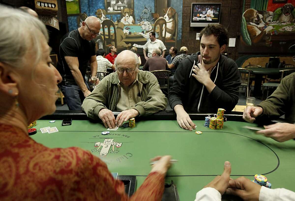 (left to right) Gabriel Banon,(standing), Philip Bernstein and David Middleton, as poker is played at Pete's 881 Club,on Friday April 6, 2012, in San Rafael, Ca. A California State bill is looking at legislation that would legalize online/internet poker and perhaps other games in the future. Cards rooms like Pete's would be allowed to get a license to offer online gaming under the current draft of legislation.