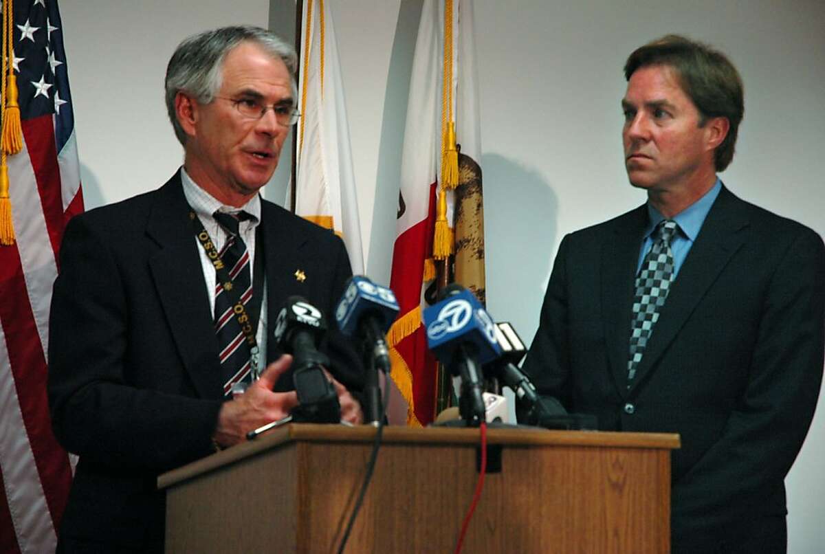 Marin County Sheriff Bob Doyle, left, and state assemblyman Joe Nation discuss the transfer of a dozen paroled sex offenders to San Quentin State Prison during a news conference at the county jail in San Rafael, Calif., Thursday, May 4, 2006.