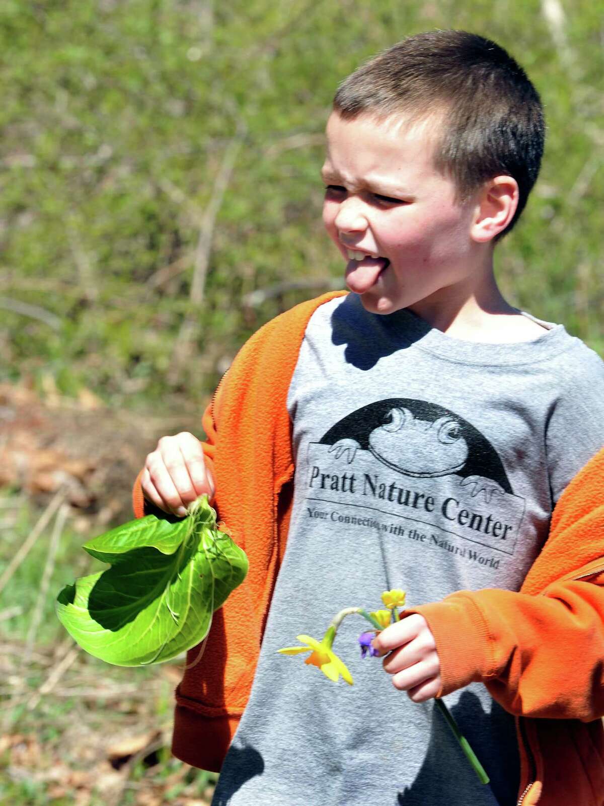 Colin Walsh, 8, reacts after tasting skunk cabbage during Vacation Camp at the Pratt Nature Center in New Milford Friday, April 6, 2012.