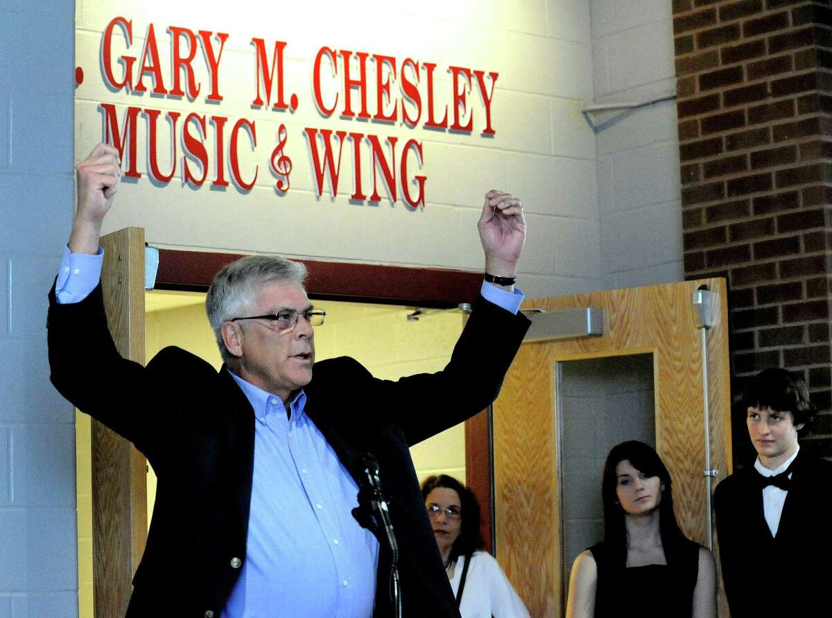 Gary Chesley, former Bethel superintendent of schools, speaks at the dedication of the Gary M. Chesley Music Wing, at Bethel High School Monday, April 9, 2012.