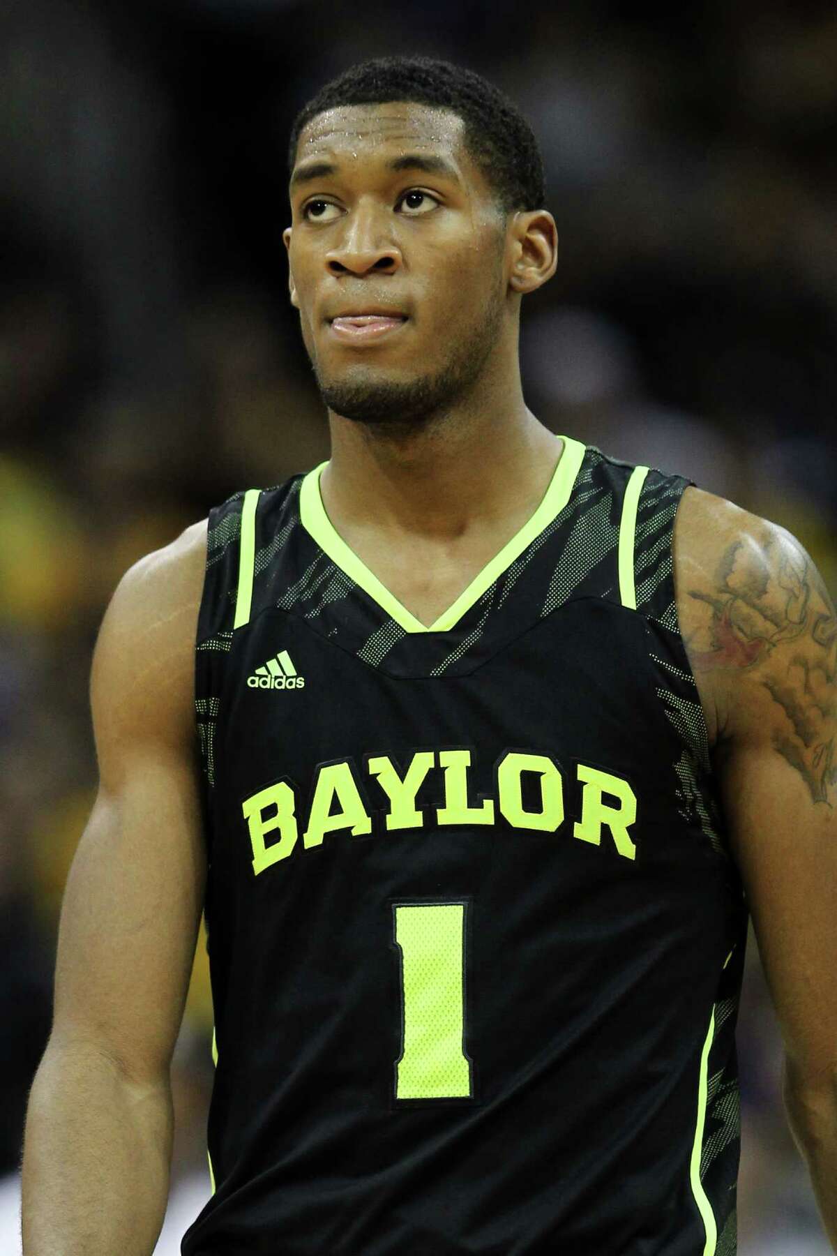 KANSAS CITY, MO - MARCH 10: Perry Jones III #1 of the Baylor Bears reacts in the second half against the Missouri Tigers during the championship game of the 2012 Big 12 Men's Basketball Tournament at Sprint Center on March 10, 2012 in Kansas City, Missouri. (Photo by Jamie Squire/Getty Images)