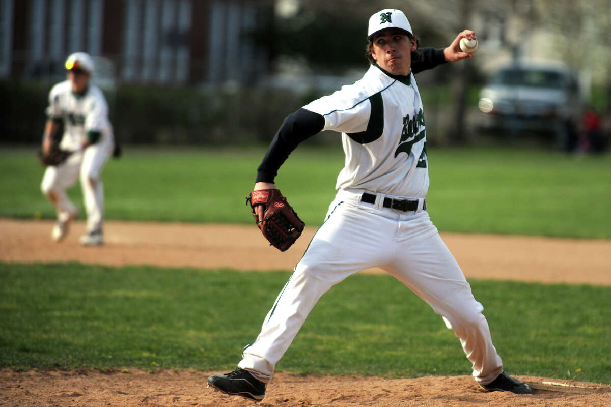 Norwalk pitcher Steve Curran during high school baseball action against Trinity Catholic at City Hall Field, in Norwalk, Conn. Monday, April 9th, 2012