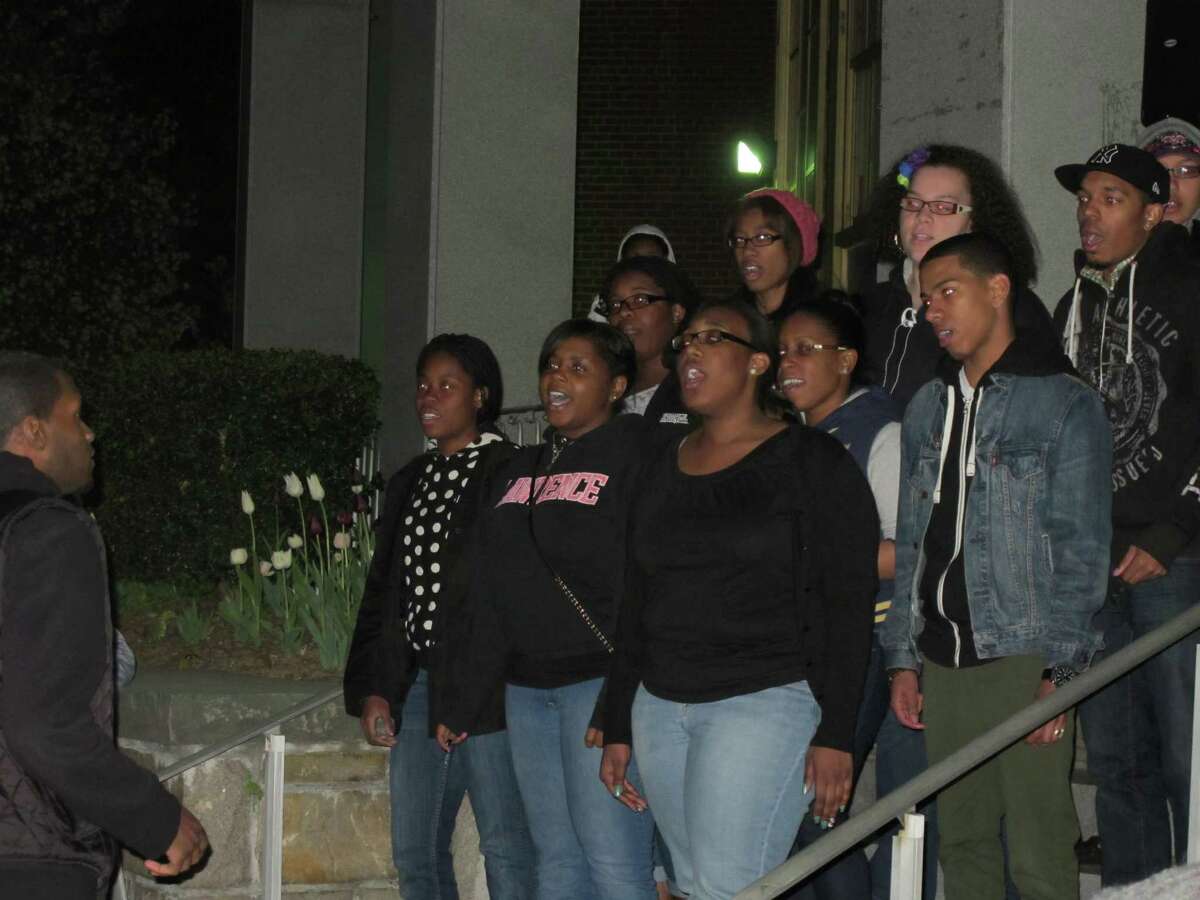 The University of Bridgeport Gospel Choir sings at a rally for justice in the Trayvon Martin case on Wednesday, April, 11, 2012.