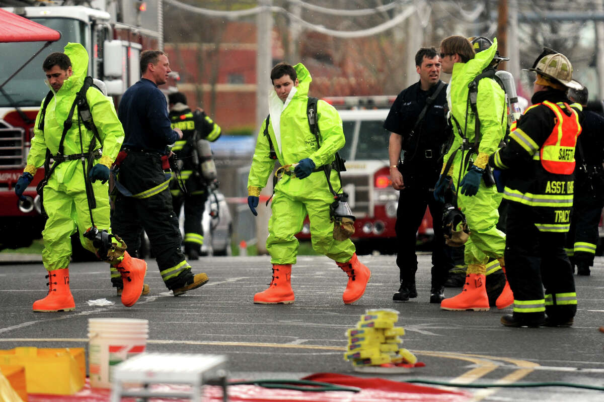 The scene on Commerce Dr. in Fairfield Thursday morning following what is being describing as a "major hazmat situation'' involving a chemical gas leak.