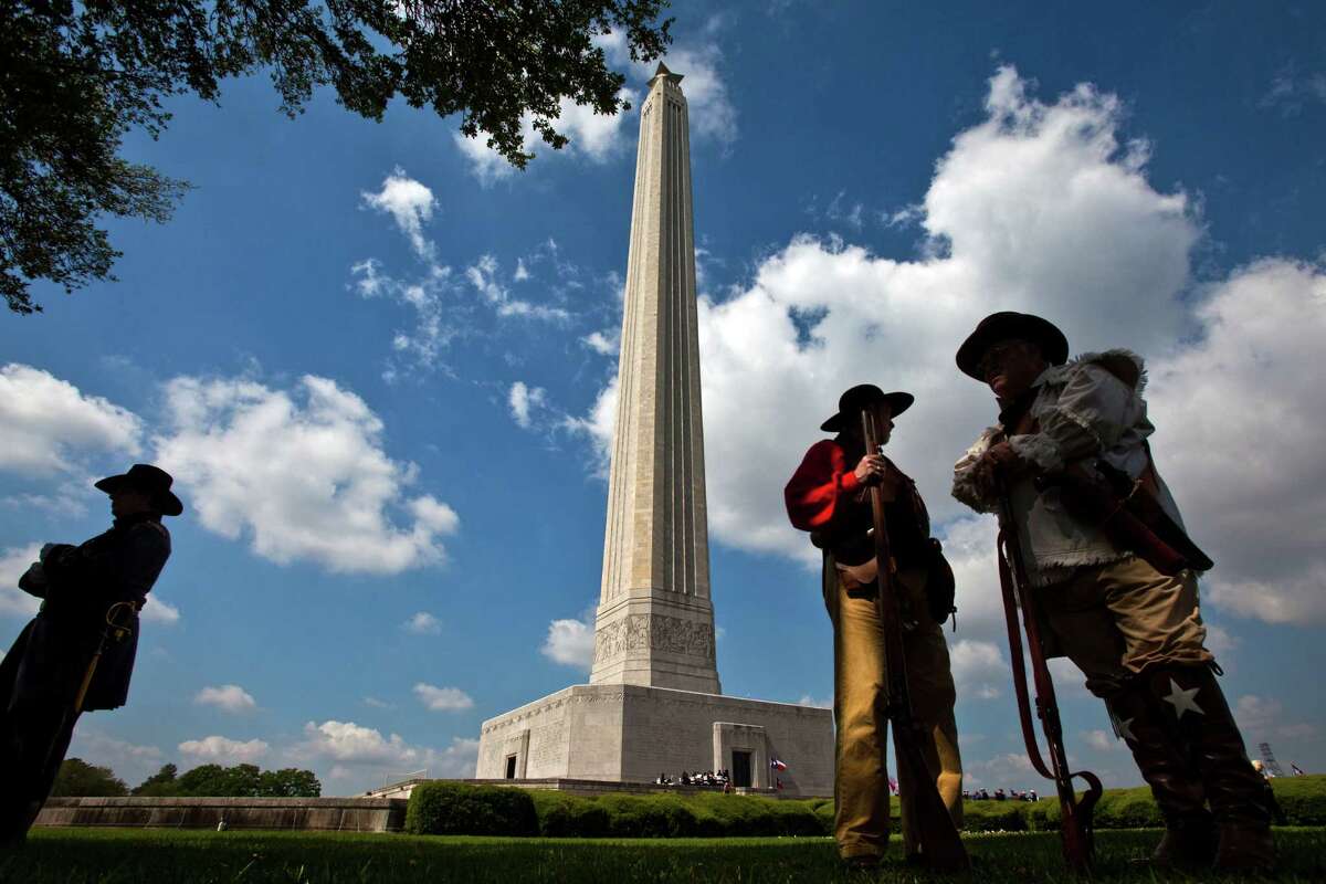 The monument, of course, commemorates the Battle of San Jacinto, in which Texas won its freedom from Mexico. This photo was taken April 21, 2010, as members of the state's Official 1836 Ceremonial and Reenactment Group commemorated San Jacinto Day. ( Smiley N. Pool / Houston Chronicle )